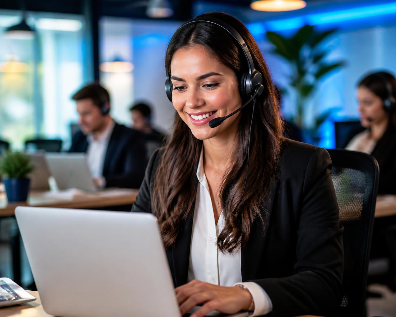 Atendente empresarial usando headset e notebook em escritório moderno